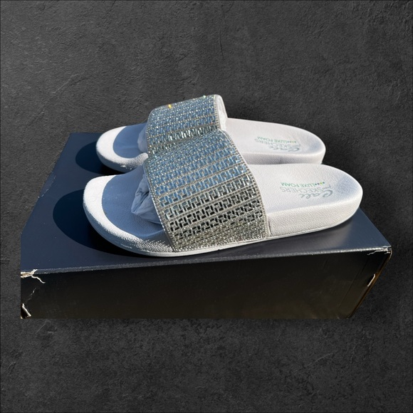 Skechers Vegan Cali Pop Ups New Spark White and Silver Slide Luxe Foam Sandals - Picture 9 of 17